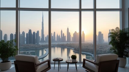 Modern luxury apartment in Dubai with stunning skyline view. Panoramic view of Dubai skyline at sunrise. Comfortable modern furniture. Stylish interior design. Excellent view for real estate listing.