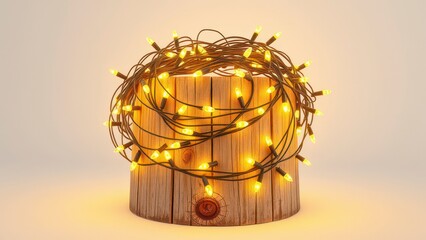 A collection of yellow Christmas lights coiled around a wooden base, outdoor lighting, coiled christmas lights, wooden base, holiday ornaments