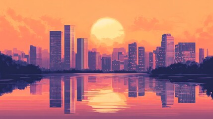 Obraz premium Sunset reflection over classic city skyline urban landscape romantic evening warm colors vibrant view tranquil scene