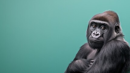 Obraz premium Gorilla With Arms Crossed Against Green Background, Jungle Wildlife Portrait, Calm Expression, Majestic Primate Focus, Detailed Fur Texture, Contemplative Pose, Nature Photography Concept
