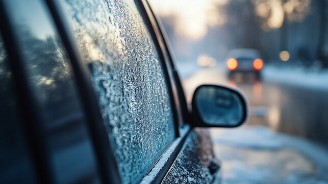 Morning frost covers the car window with ice, creating a frozen scene on the glass as cold winter temperatures drop, making driving challenging and requiring scraping for safe transport.