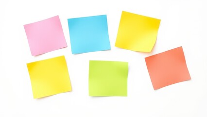 Fototapeta premium A set of five sticker notes in various colors arranged in a random pattern on a white background, , creative composition, collection, abstract arrangement, sticker note