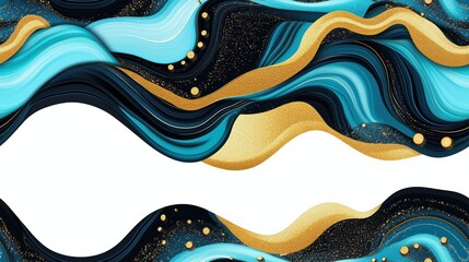 Obraz premium Abstract dark and turquoise wave patterns with gold accents, digital composition