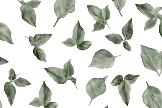 Green Basil Leaf Pattern Isolated On A White Background, PNG Transparent