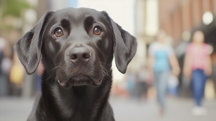 Black Labrador Guide Dog Assisting Owner on City Street in Daylight, Highlighting Canine Companionship and Assistance with Focus on Dog's Expressive Eyes and Glossy Fur