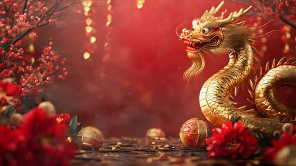 Obraz premium Golden Dragon Amidst Red Blossoms and Festive Decorations