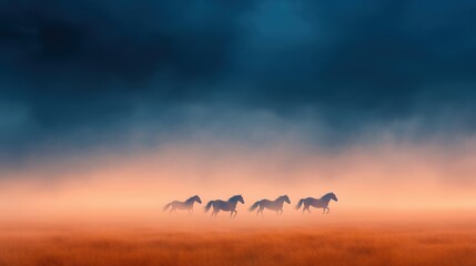 Majestic Wild Horses Galloping Across Misty Plains at Dusk Showcasing Nature's Beauty and Freedom