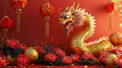 Fototapeta premium Golden Dragon amidst Red Lanterns and Flowers