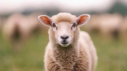 Fototapeta premium Close-Up of a Curious Sheep in a Green Pasture, Soft Focus Background, Farm Animal Portrait, Fluffy Sheep Face, Gentle Livestock, Rural Scene, Peaceful Countryside, Nature Photography