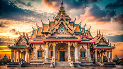 Fototapeta premium stunning vintage temple showcasing distinctive architecture at sunset, with intricate details and vibrant colors. serene atmosphere enhances its beauty and cultural significance