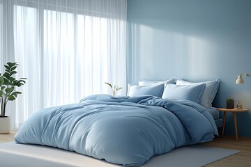 Sky-blue bedding on large comfortable bed in modern bedroom. Natural light streams in through sheer curtains. Minimalist decor creates serene and relaxing atmosphere. Room is airy and inviting.
