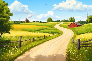 Fototapeta premium A serene landscape with a winding dirt road, fields of flowers, and rustic buildings.