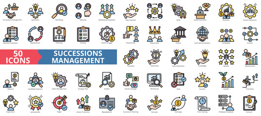 Succession management icon collection set. Containing skills, leadership, business, human resources, evaluation, replacement, planning icon. Simple flat outline vector illustration
