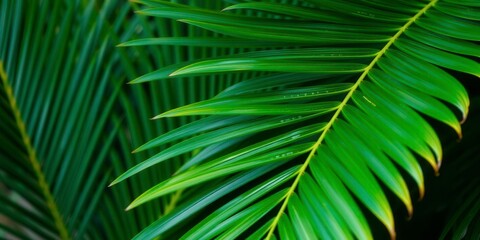 Close-up shot of a vibrant green palm leaf texture, showcasing the intricate patterns and details of nature's tropical beauty, tropical, close-up, plant