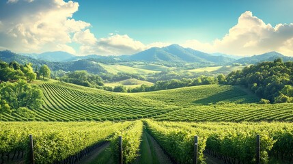 Fototapeta premium A sunny vineyard with neatly arranged grapevines and rolling hills in the background.