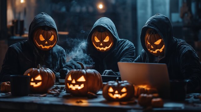 Three hackers wear Halloween pumpkin masks. Sit at table in dark room with glowing pumpkins. Use laptops. Spooky tech party. Halloween theme. Cybersecurity. Cyber criminals. Scene dark, ominous.