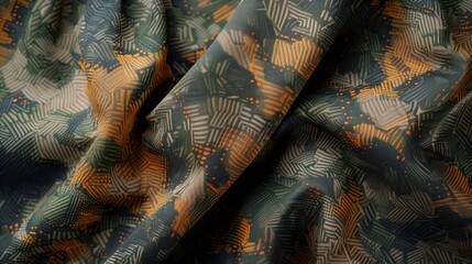 Obraz premium of camouflage fabric with geometric shapes in green, orange, and beige tones, creating a textured and military-inspired pattern.