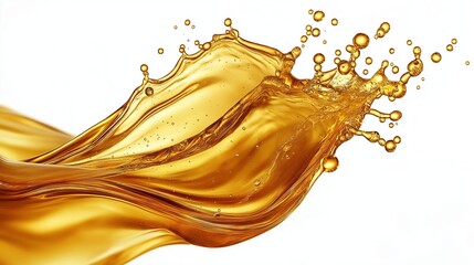 Fototapeta premium Golden liquid splashes dynamically. Fluid motion creates a wave pattern. Abstract design shows liquid in dynamic action. Beautiful natural light highlights the texture and movement of the liquid.