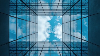 Glass Skyscraper Reflecting Clouds and Sky
