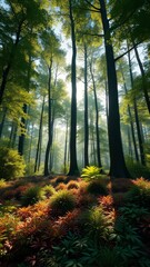 Obraz premium Dense foliage in forest with tall trees and underbrush, ferns, overgrown vegetation