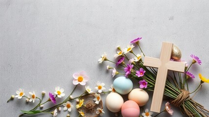 Obraz premium Easter decorations including painted eggs, pastel flowers, and a rustic wooden cross arranged on a grey concrete background, wooden cross, religion
