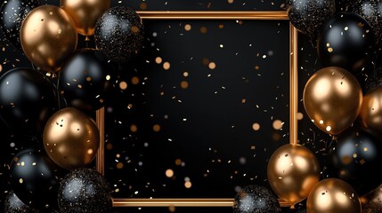 Elegant black, gold balloons fill frame. Confetti dances on black background. Golden frame adds luxury to party scene. Perfect for birthday holiday events. Stylish, premium design. Luxurious