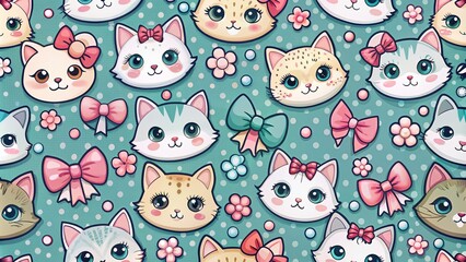 Kawaii Cat Face Bow Seamless Pattern: Cute Pet Print for Posters, Apparel & Packaging