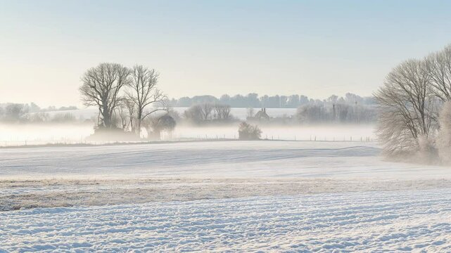 Misty winter landscape with trees and field covered with snow. Smooth snowy landscape with light wind and flowing fog