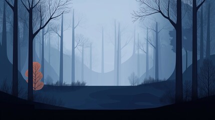 Dark misty forest at night. Tall trees silhouette in dark blue tone. Foggy landscape. Mysterious, spooky background perfect for mobile game. Horror theme. Suitable for Halloween mobile game assets