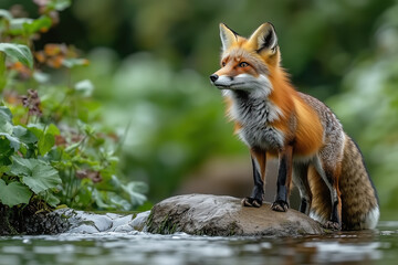 Fototapeta premium natur and wildlfoe concept, a red fox standing on the moss-covered rock, by the water’s edge in the lush wilderness. 