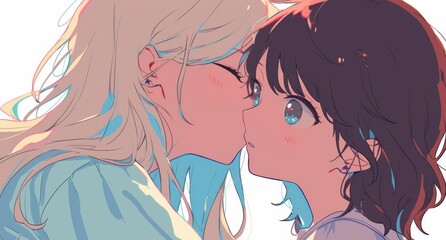  Cute anime-style girls, one blonde and one dark brown-haired, sharing a tender kiss against a white background.