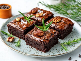 A plate of delicious chocolate brownies topped with nuts and herbs.