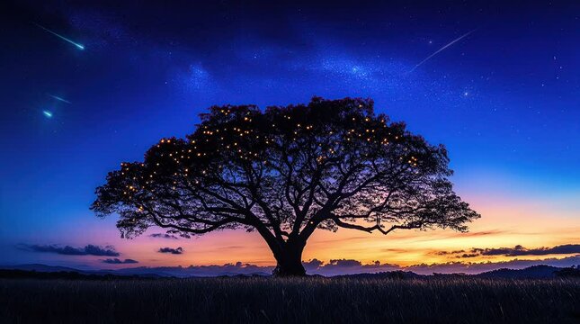 Lone majestic tree on vast savanna under a glowing sunset sky  
Seamless looping 4k time-lapse virtual video animation Generated AI