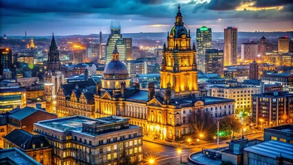 Obraz premium Leeds Cityscape Night Photography: Illuminated Buildings & City Lights