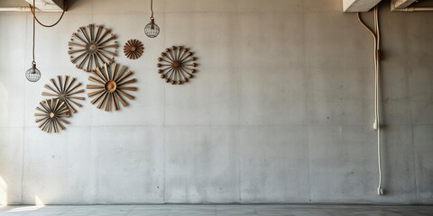 Panoramic view of rough concrete wall with modern industrial design elements, decoration, design, interior