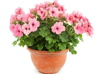 pink geranium plant in a terracotta pot isolated on white background