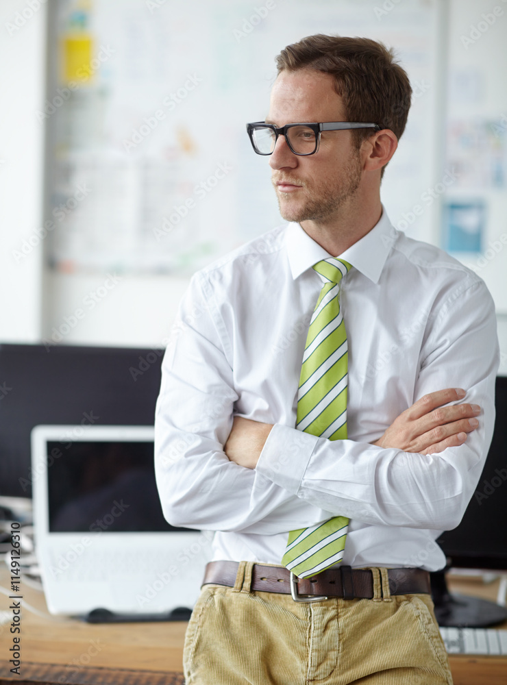 Aufkleber thinking, arms crossed and business man in office for reflection, memory and idea on company policy.
