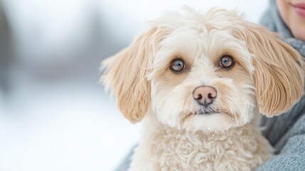 Adorable Service Dog With Curly Fur in Snowy Landscape Providing Comfort and Assistance, Perfect for Winter Themed Projects and Pet Care Concepts, Posing Calmly With Soft Expressions