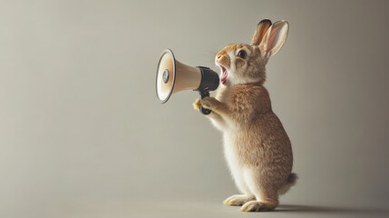 Adorable rabbit with a megaphone expressing excitement in a minimalistic studio setting, showcasing unique communication and playful animal behavior