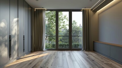 Modern minimalist bedroom with large window, grey built-in wardrobes, and wooden floor.
