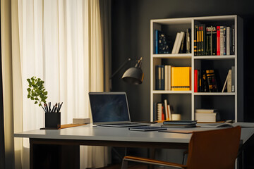 Modern home office interior with laptop and books on desk