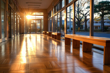 Fototapeta premium The image captures a warmly lit corridor with sunlight streaming through large windows, casting light on a patterned wooden floor and wooden benches along the glass walls.