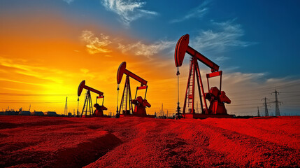 Fototapeta premium At sunrise, the oil drilling rig on the grassland is working