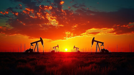 Naklejka premium At sunrise, the oil drilling rig on the grassland is working
