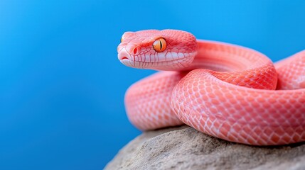 Fototapeta premium Vibrant Pink Snake Coiled on Rock Against Blue Background Showing Intricate Scale Patterns and Sunlit Reflection for Nature and Wildlife Photography in High Resolution Close-Up Style
