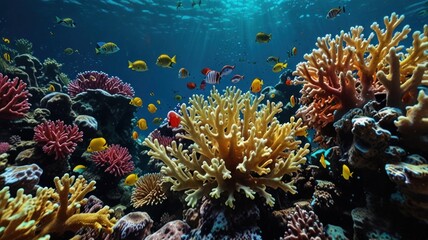 Vibrant coral reef teeming with colorful fish. Sunlight penetrates the water, illuminating the diverse coral formations.