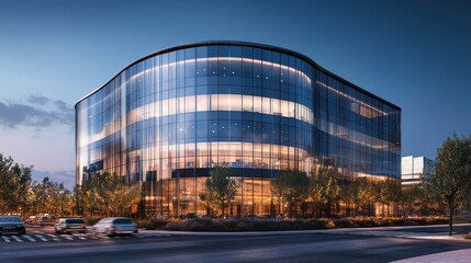 Modern glass office building at dusk.