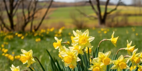 Fototapeta premium Vibrant daffodil flowers glowing in a picturesque field filled with yellow blooms and green foliage, growth, freshness
