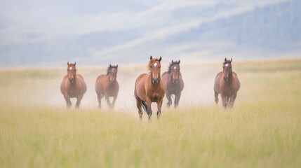 Obraz premium Wild Horses Galloping Freely Across Open Fields With Dusty Trails and Rolling Hills in Background on a Misty Morning