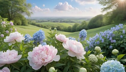 Pink peonies and blue hydrangeas bloom hillside scenic view